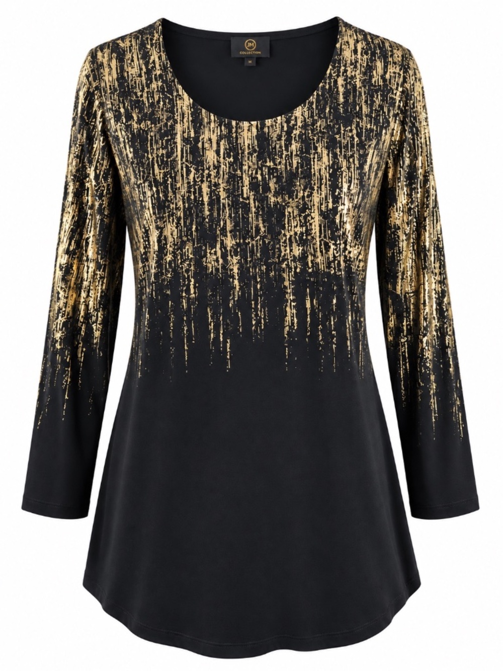 JM Collection Black & Metallic Gold Brushstroke Long Sleeve Tunic Top M